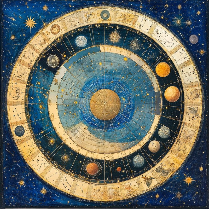 Illustration of a celestial map with concentric circles depicting zodiac signs, planets, and stars against a starry background, capturing the essence of astrology vs astronomy in its intricate design.