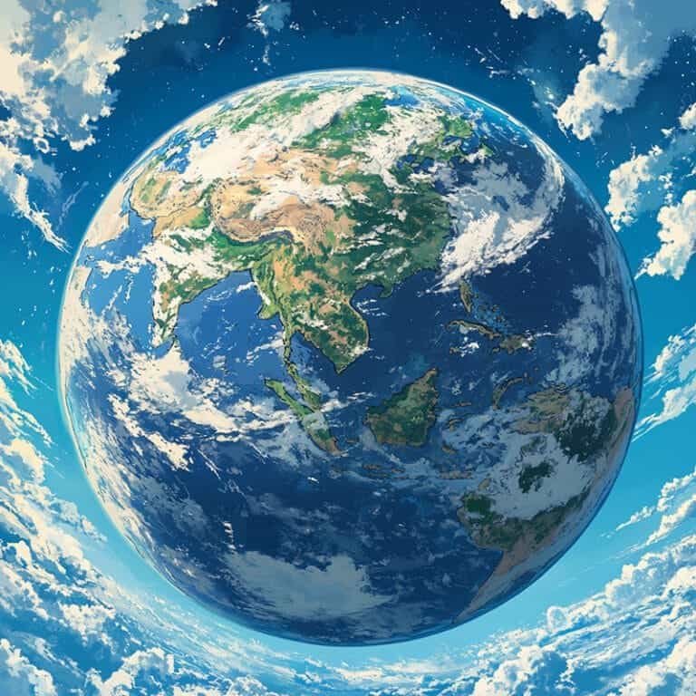 A vibrant illustration reveals Earth from space, where continents and oceans are embraced by swirling clouds and a sparkling starry sky.