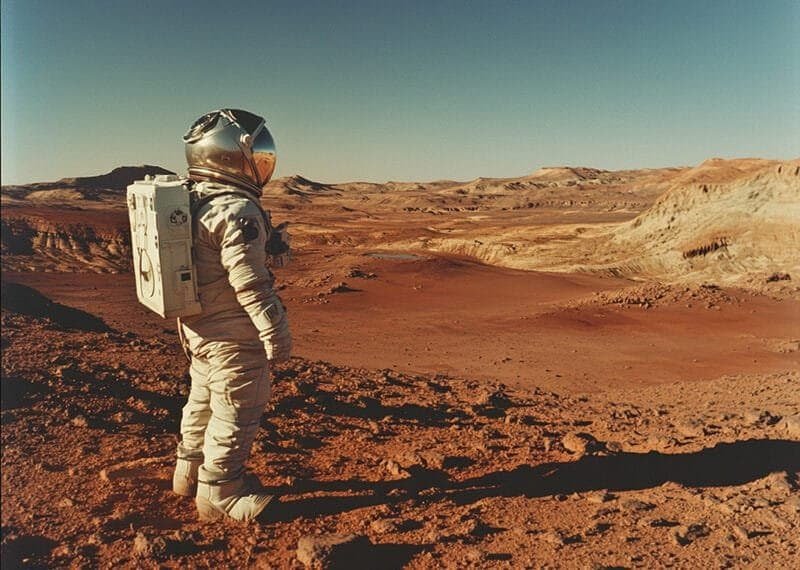 An astronaut in a spacesuit stands on a barren, red rocky landscape under a clear sky, mirroring the rugged terrain of Mars.