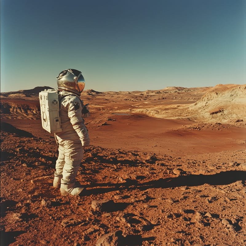An astronaut in a spacesuit stands on a barren, red rocky landscape under a clear sky, mirroring the rugged terrain of Mars.