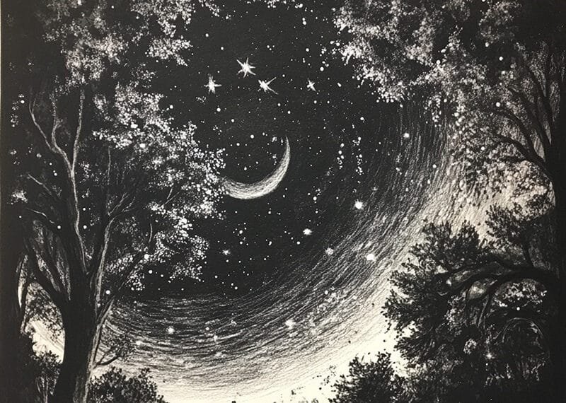 Black and white drawing of a crescent moon surrounded by stars in a night sky. Tall trees frame the scene on both sides.