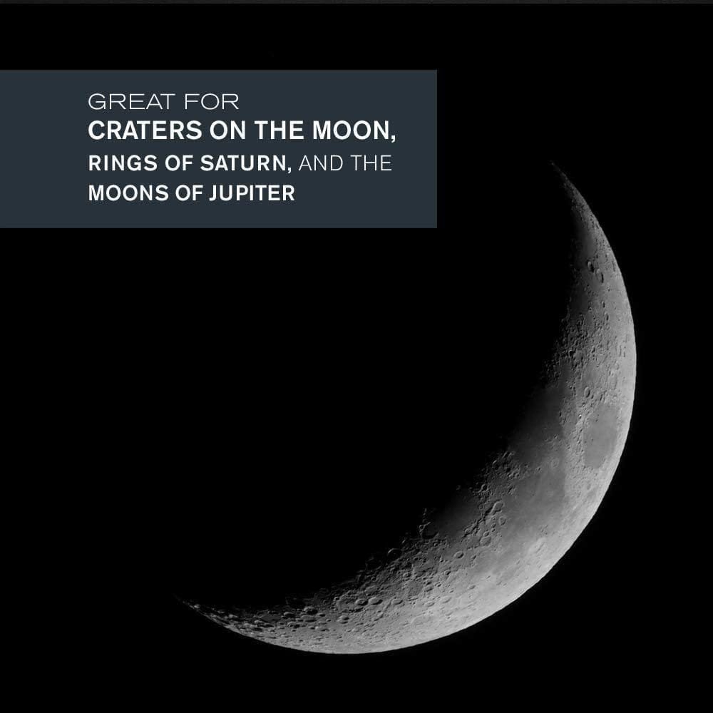 Crescent moon with visible craters; text mentions craters on the moon, rings of Saturn, and moons of Jupiter.