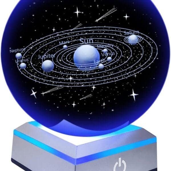 A 3D model of the solar system inside a glowing blue crystal ball on a stand, showing labeled planets and stars with a power button on the base.