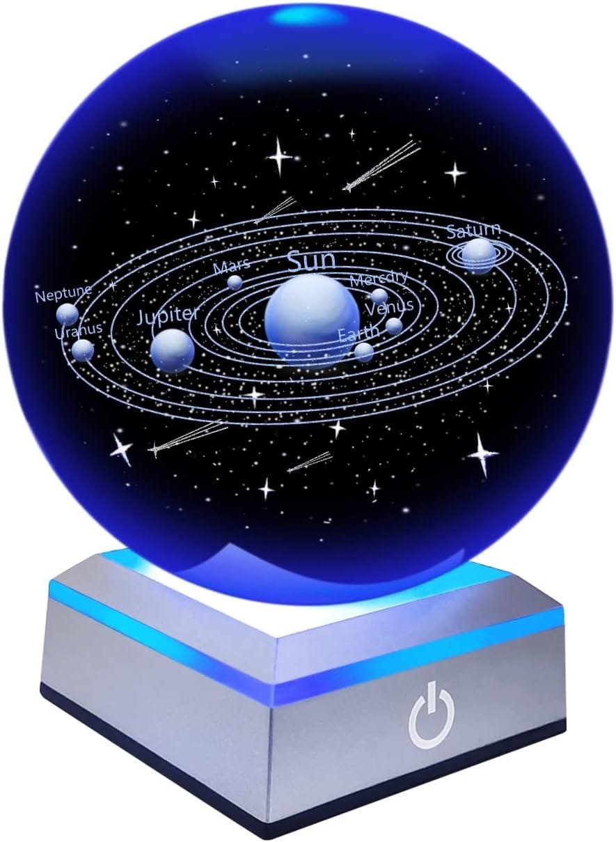 A 3D model of the solar system inside a glowing blue crystal ball on a stand, showing labeled planets and stars with a power button on the base.