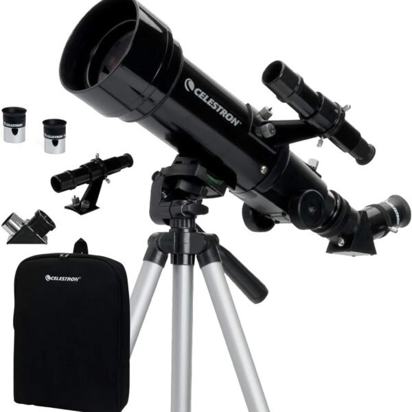 A black Celestron telescope on a tripod with attached finderscope and two eyepieces, and an accessory bag.