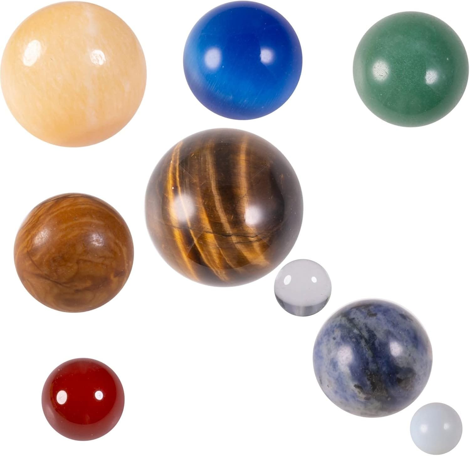 A collection of colorful marbles of varying sizes arranged on a white background.