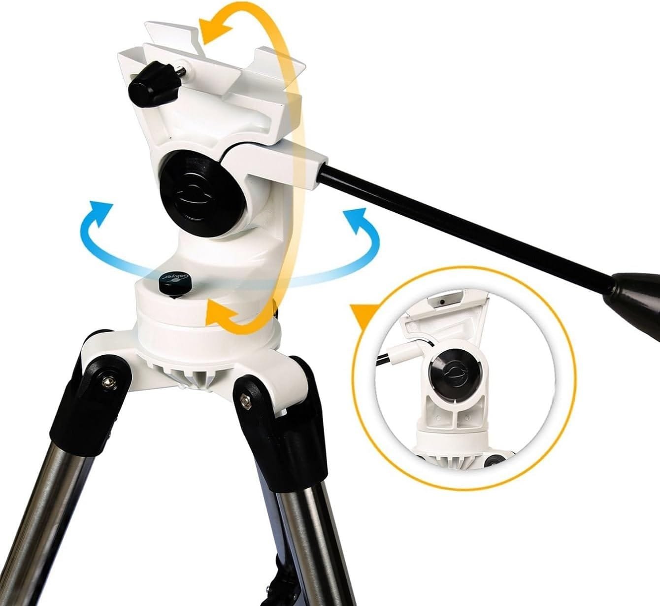 Close-up of a camera tripod head, showing adjustable angles with directional arrows. The tripod is white with black and silver elements.