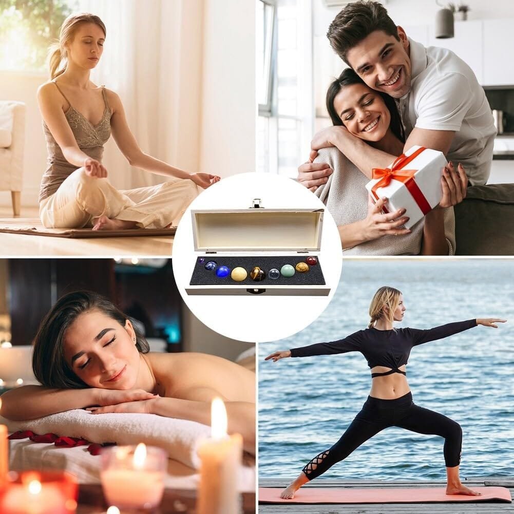 Collage of a person meditating, a couple exchanging a gift, a person enjoying a massage, and another practicing yoga by the water. Central image shows a box of colorful crystal spheres.