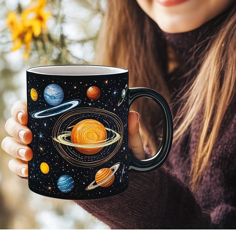 A person holding a black mug featuring colorful illustrations of planets and stars.