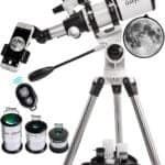 A telescope with smartphone attachment on a tripod. Includes three eyepieces (25mm, 11mm, 10mm) and a Bluetooth camera remote. Image of the moon in the frame.