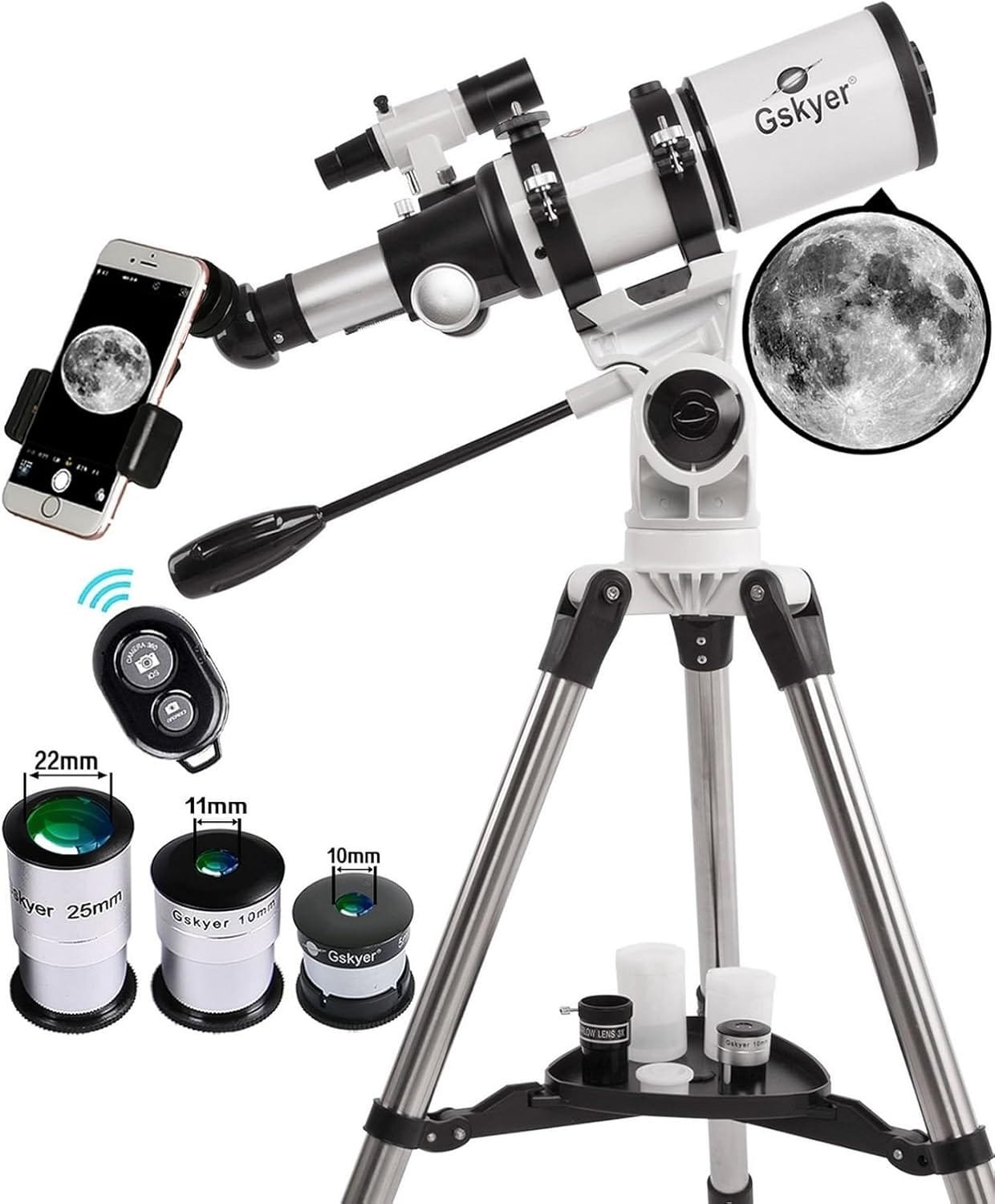 A telescope with smartphone attachment on a tripod. Includes three eyepieces (25mm, 11mm, 10mm) and a Bluetooth camera remote. Image of the moon in the frame.