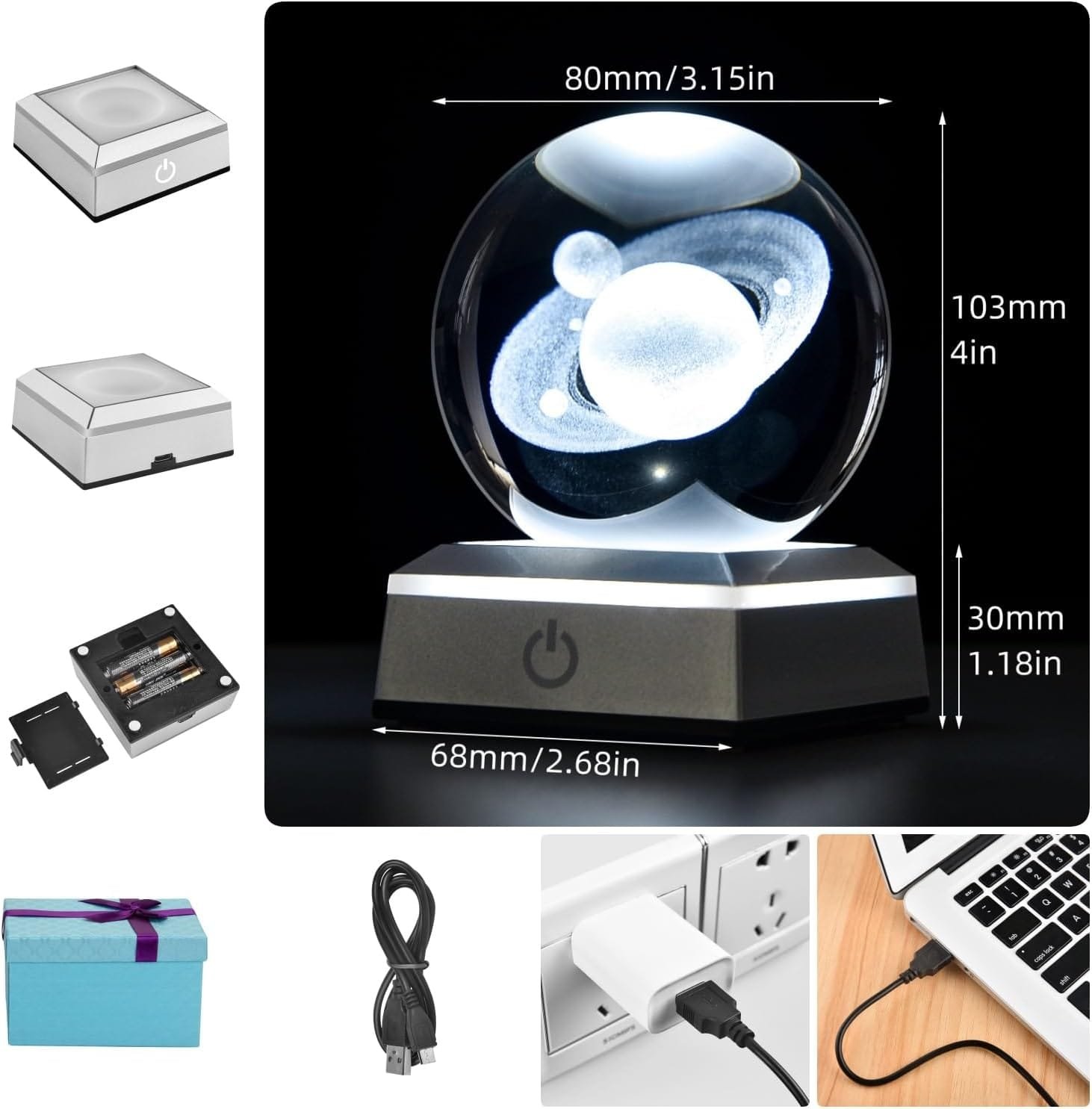 3D crystal ball with planets, dimensions labeled, on a lit base. Includes gift box, USB cable, and charger.