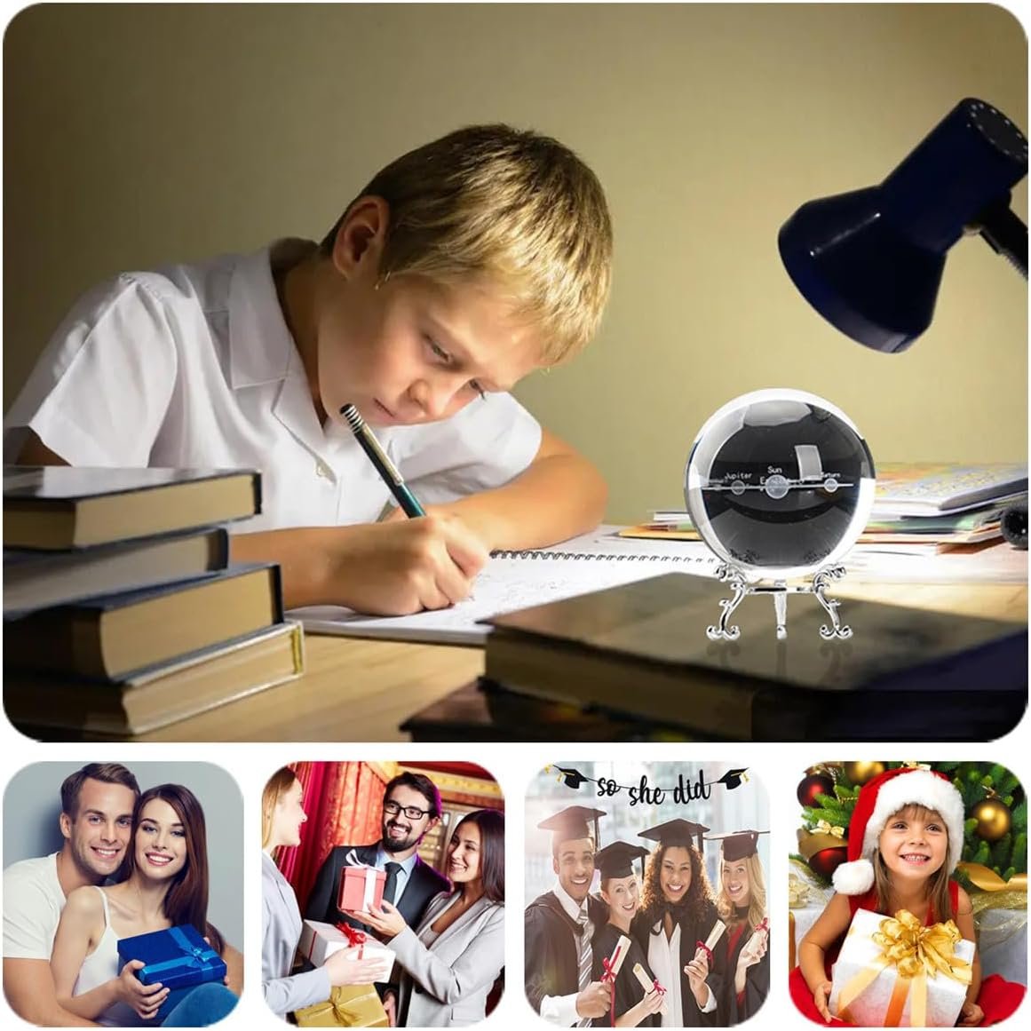 A boy writes at a desk with a lamp and books. Below, there are four images of people exchanging gifts and celebrating different occasions.