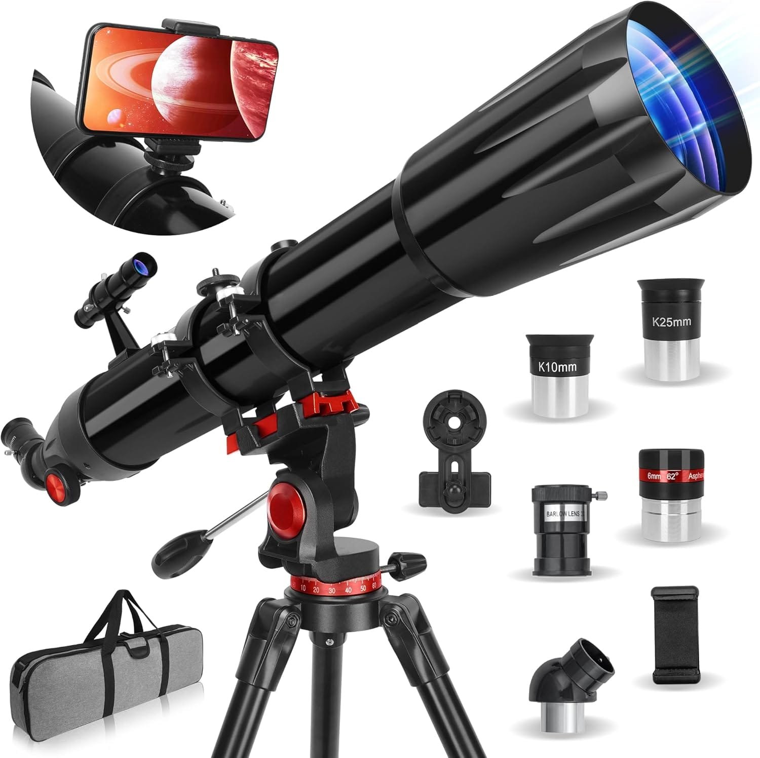 A black telescope on a tripod with two eyepieces, a smartphone mount, a diagonal mirror, and a carrying case. Jupiter is displayed on a phone screen attached to the telescope.