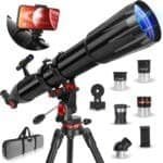 Black telescope with tripod, smartphone holder, eyepieces, lens attachments, and carrying bag.