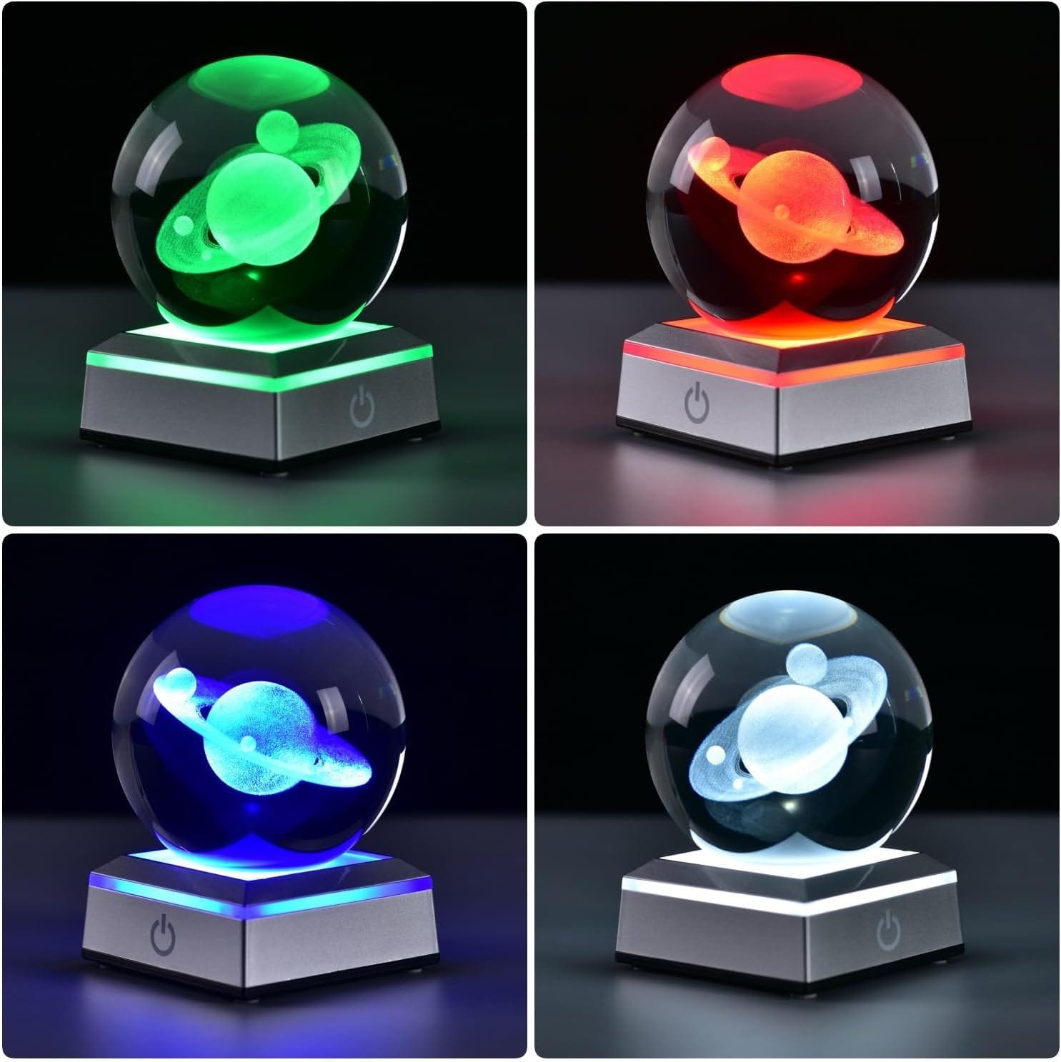 Four glass spheres with 3D Saturn models inside, each illuminated by a different colored light: green, red, blue, and white. Each sphere is placed on a metallic base with a power symbol.