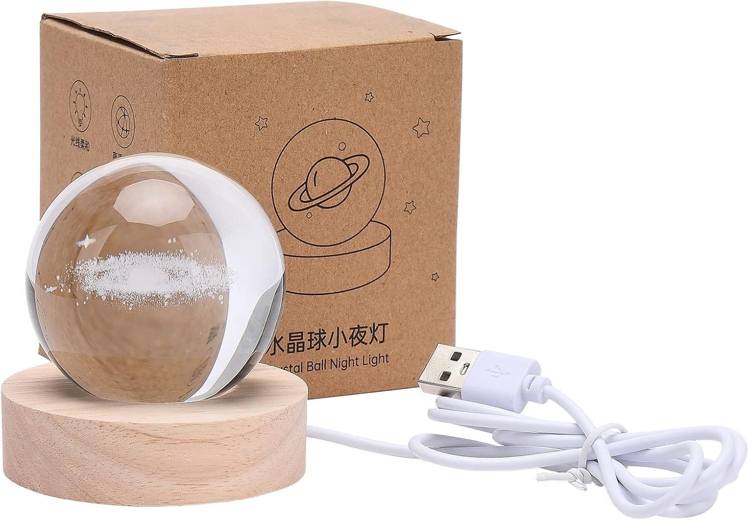 Crystal ball night light on a wooden base with a USB cable, next to a box with planetary design and Chinese text.