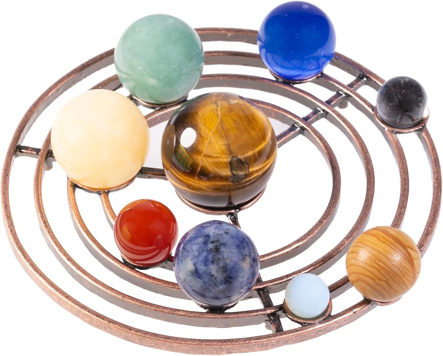 A model of the solar system with colorful gemstone spheres representing planets arranged on a circular metal frame.