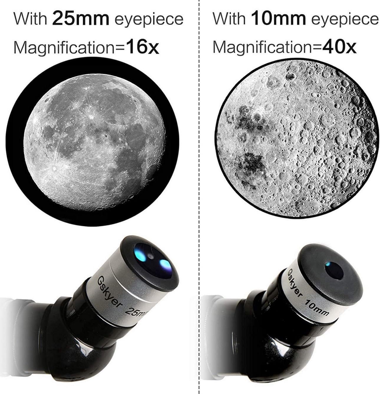 Two telescope eyepiece views of the moon: 25mm eyepiece at 16x magnification with a wider view, and 10mm eyepiece at 40x magnification with a detailed close-up.