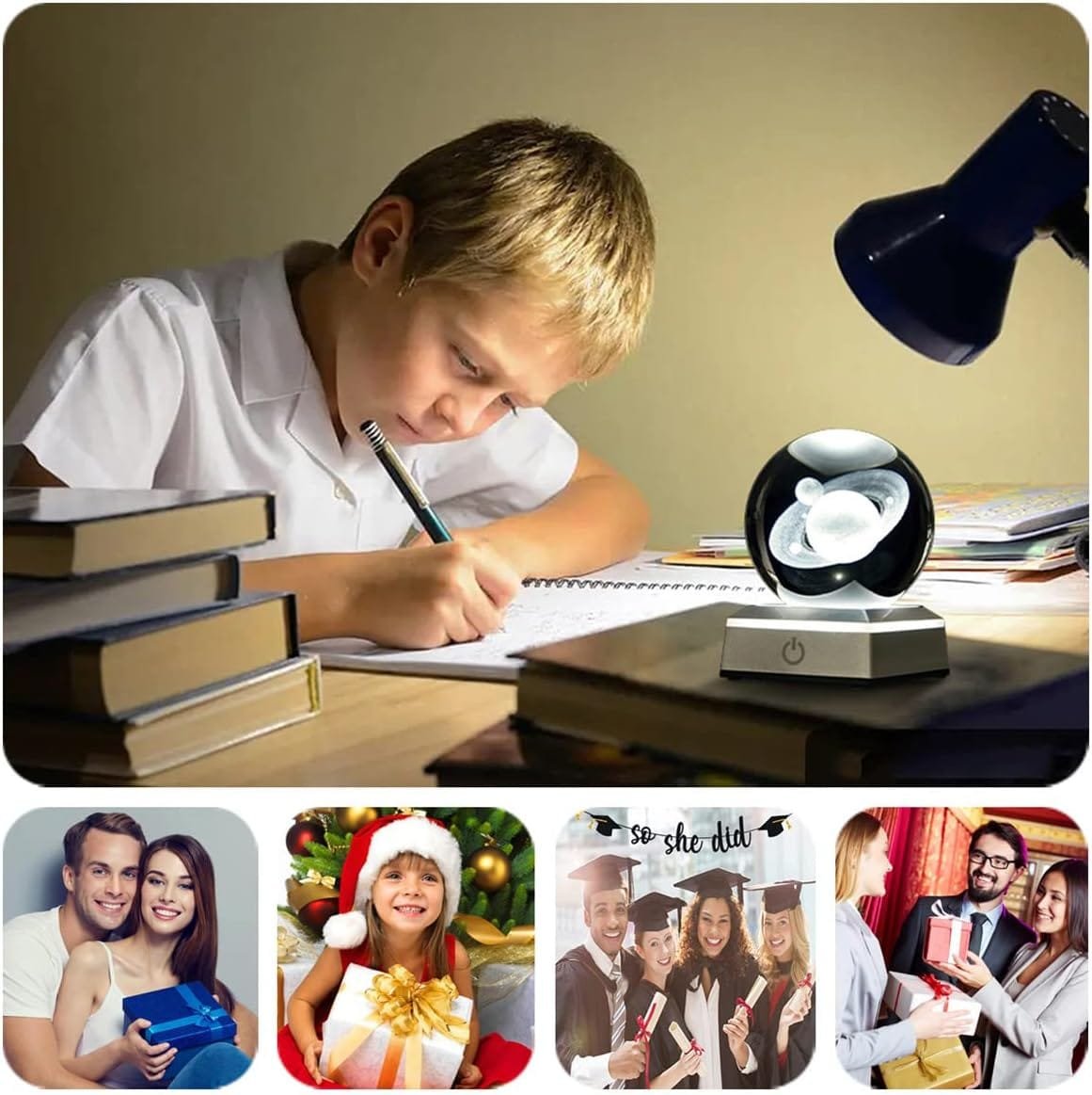 A child studies under a desk lamp surrounded by books. Below, images show people with gifts, a child in a Santa hat, and graduates celebrating.