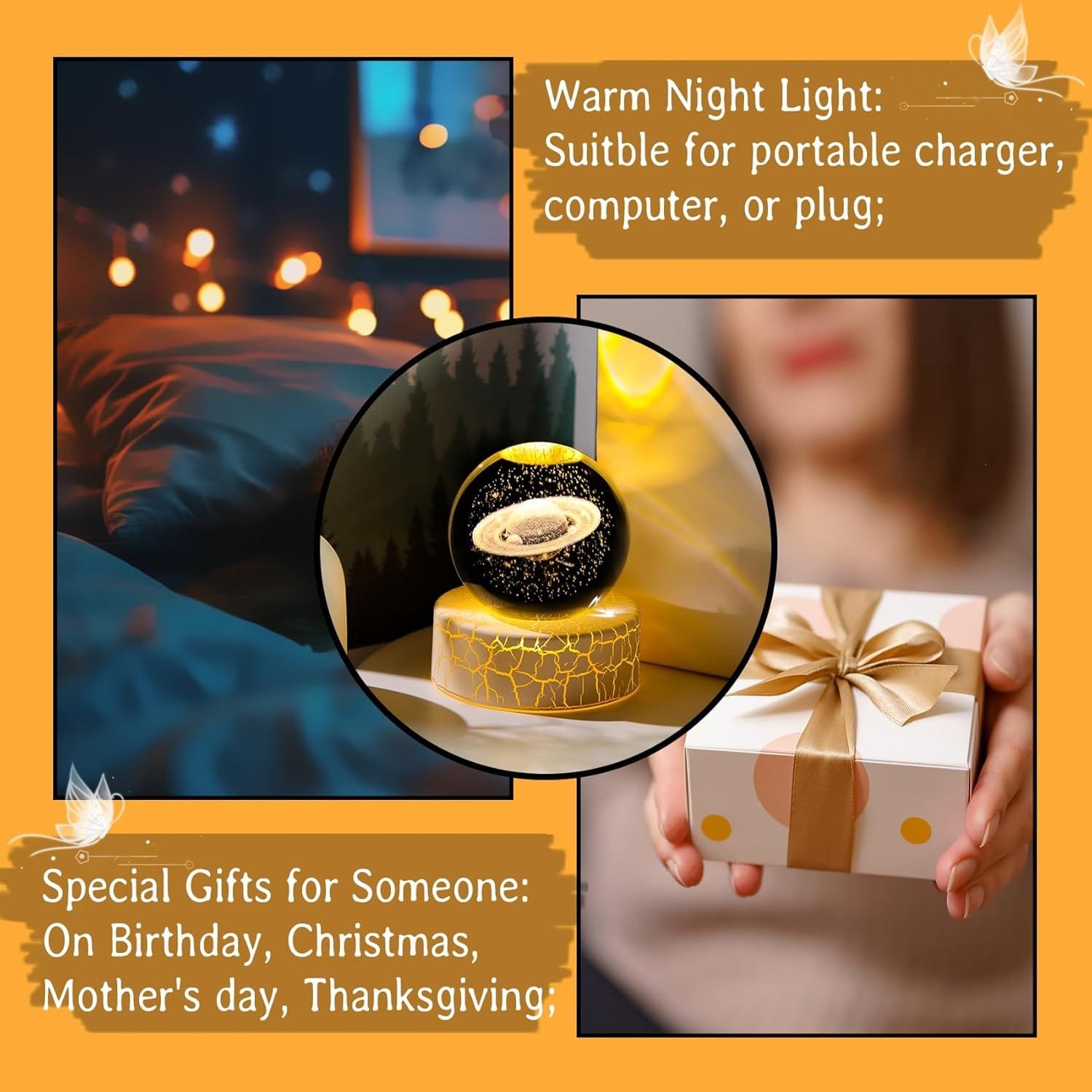 Collage featuring a warm night light with a circular design, close-up of a wrapped gift box, and a cozy, softly lit room with scattered fairy lights.