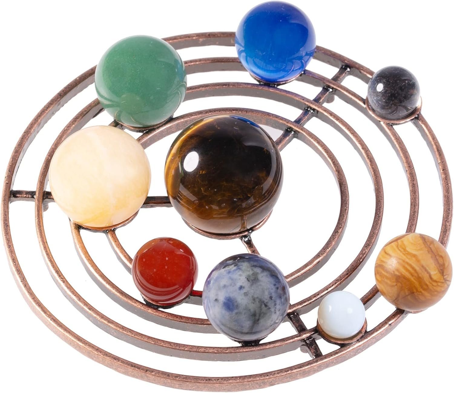 A round metal stand holds various colored, polished stones arranged in concentric circles resembling a solar system model.