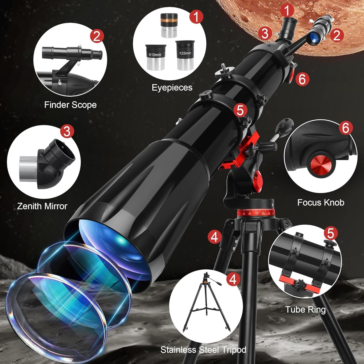 Diagram of a telescope with labeled parts, including finder scope, eyepieces, zenith mirror, stainless steel tripod, tube ring, and focus knob, against a space-themed background.