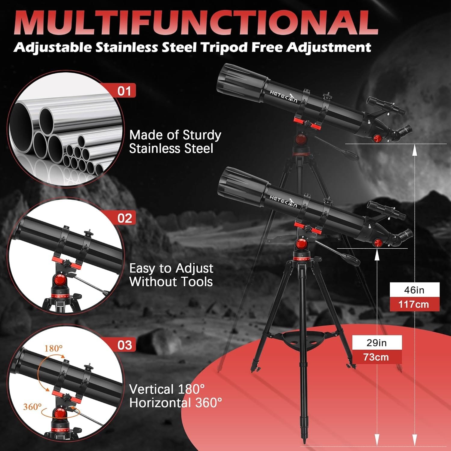 Telescope set with adjustable stainless steel tripod, shown in different angles and dimensions. Includes features like tool-free adjustments and 360-degree rotation.