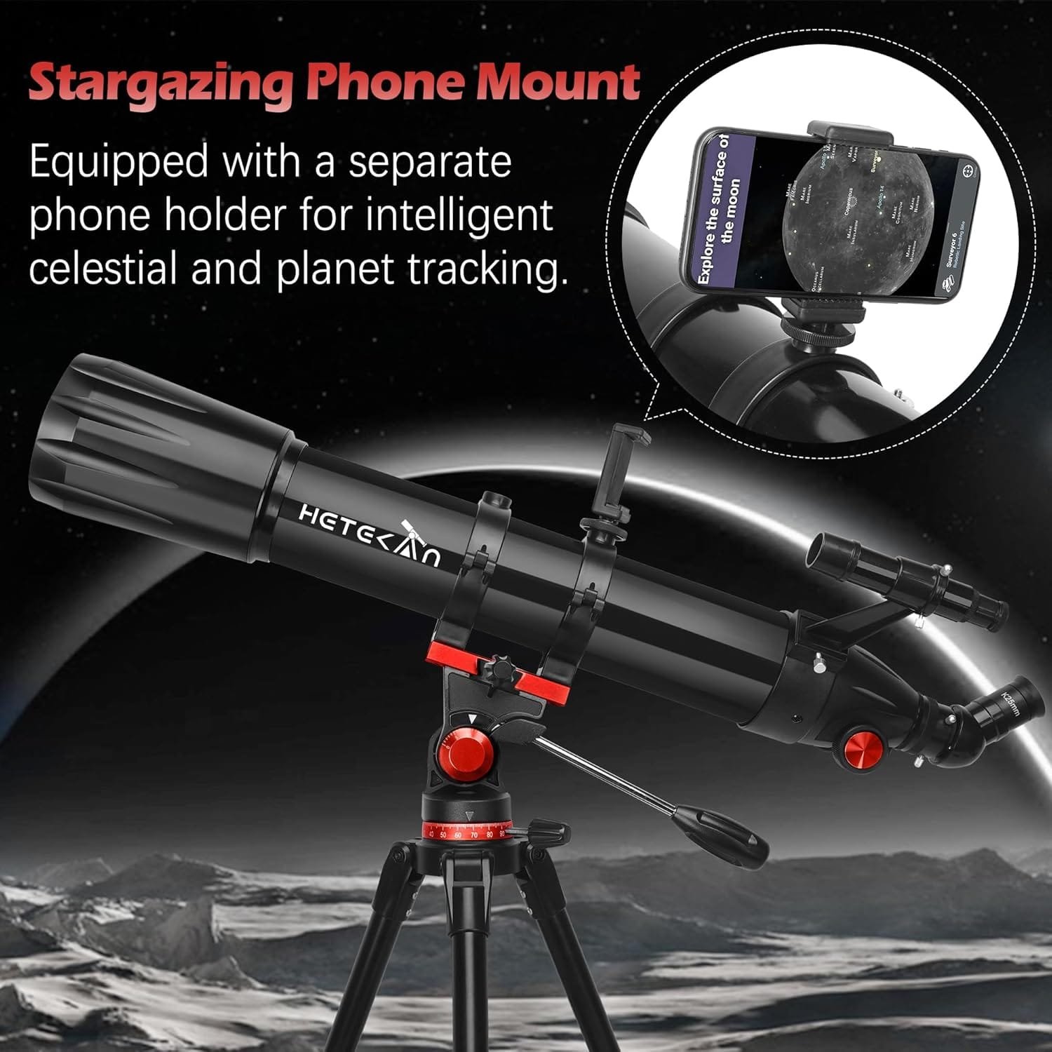 Black telescope on a tripod with a smartphone holder, set against a space-themed backdrop.