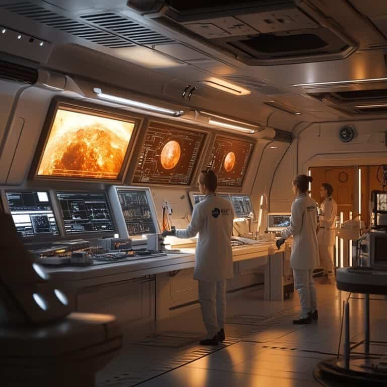 Scientists in a futuristic lab observe screens displaying solar images and data.