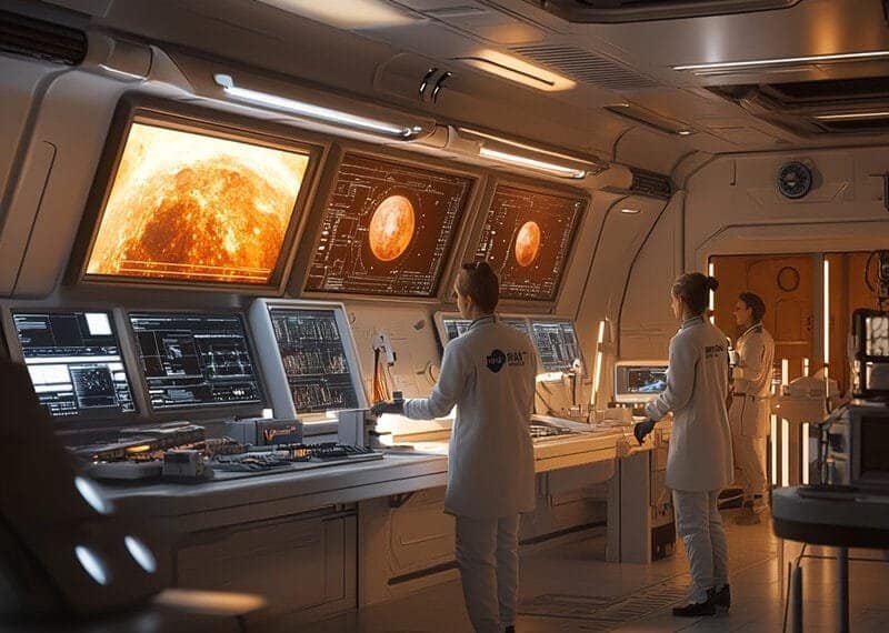 Scientists in a futuristic lab observe screens displaying solar images and data.