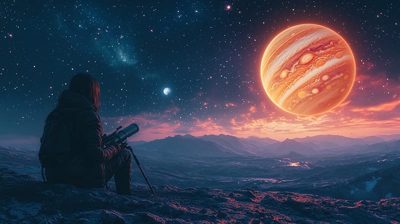 A person sits with a telescope, observing a large planet and distant moon in a starry night sky over a mountainous landscape.