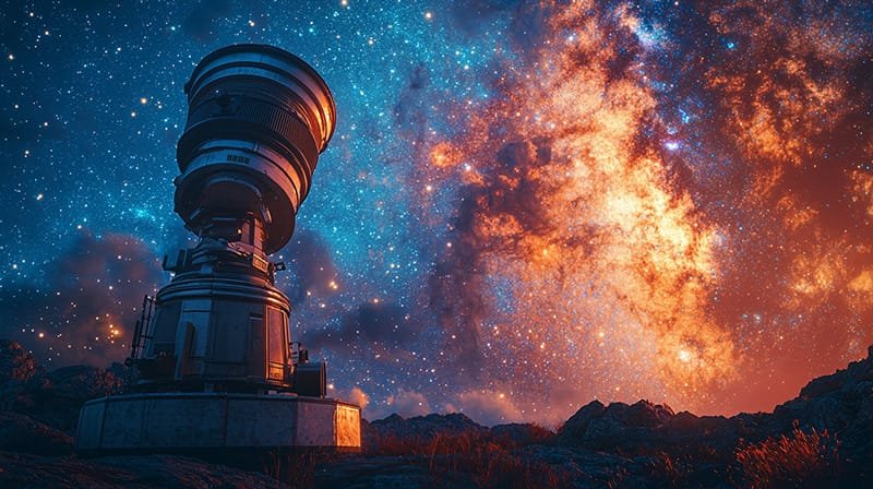 A large telescope under a colorful, star-filled night sky with bright nebulae and rocky terrain in the foreground.