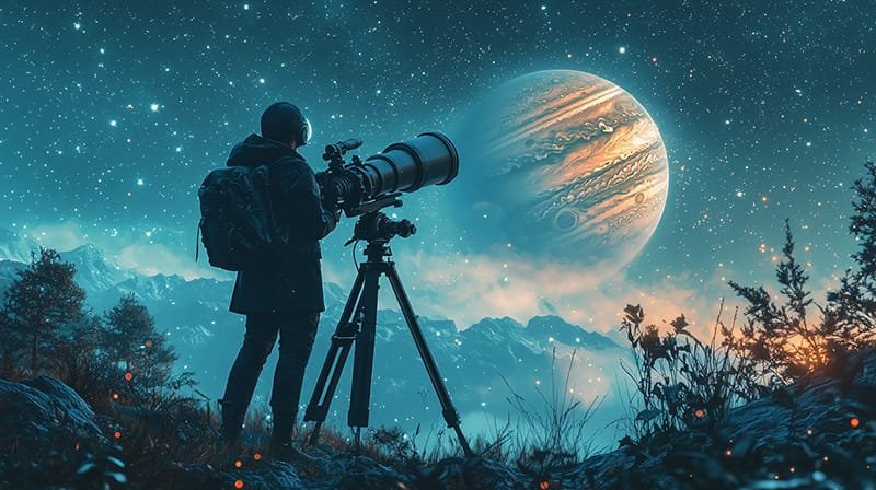 A person with a backpack observes a large planet through a telescope on a clear night, with mountains in the background.