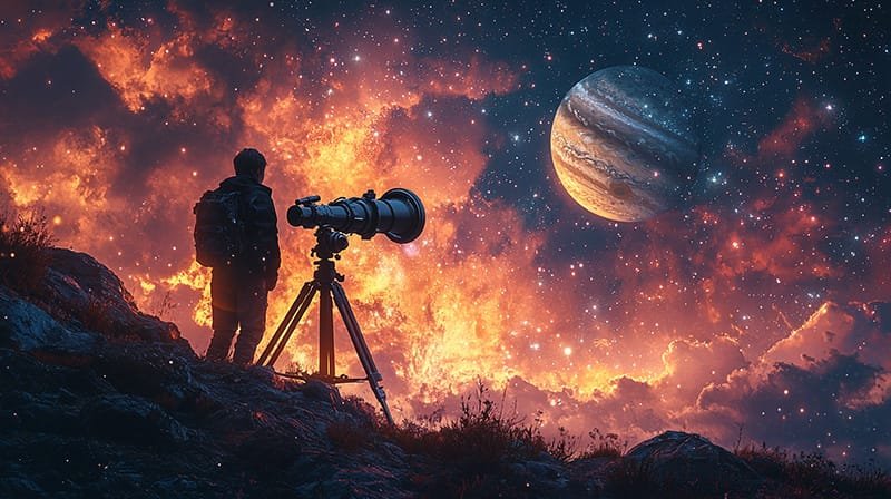 A person with a backpack stands by a telescope on a rocky terrain, observing a large planet and stars against a vibrant orange and red sky.