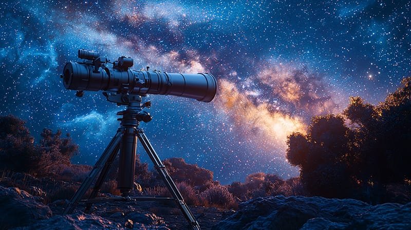 A telescope on a tripod under a starry sky with the Milky Way visible, surrounded by trees and rocky terrain.