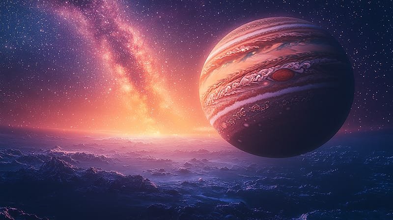 A large, colorful planet with swirling patterns, resembling Jupiter, hovers above a rocky landscape. A luminous galaxy stretches across the starry sky.