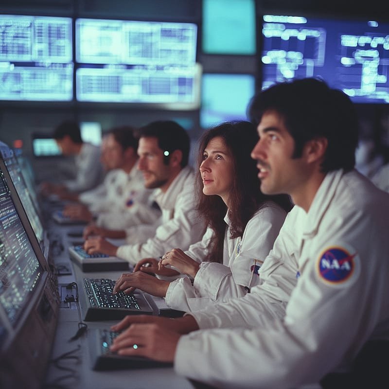 NASA engineers work at computer stations in a control room, with monitors displaying data in the background.