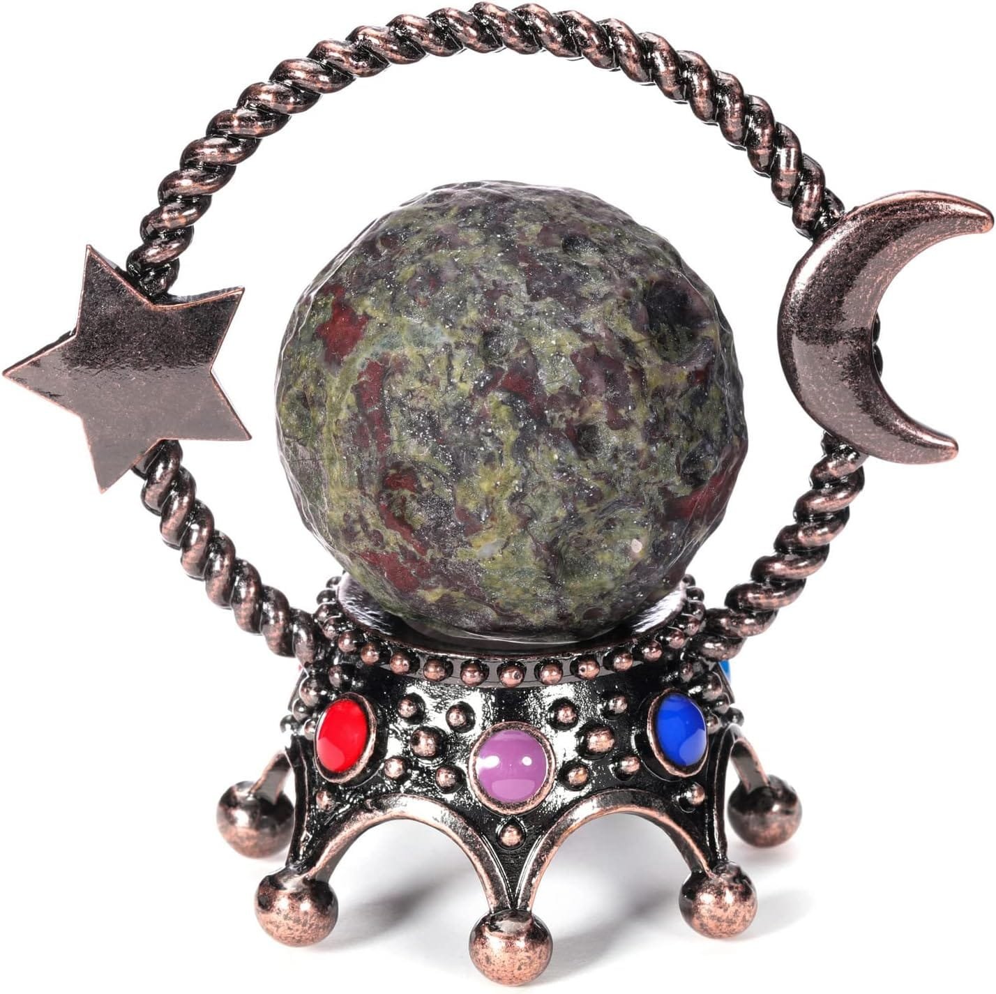 The Jovivi 40mm Natural Crystal Sphere Dragon Blood Jasper Ball Ornament is adorned with metal star and crescent designs, elegantly positioned on a stand embellished with striking red, blue, and purple accents.