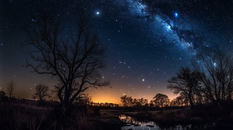 A December skywatching delight, the starry night reveals the Milky Way above silhouetted trees, while a calm pond perfectly reflects this celestial scene.