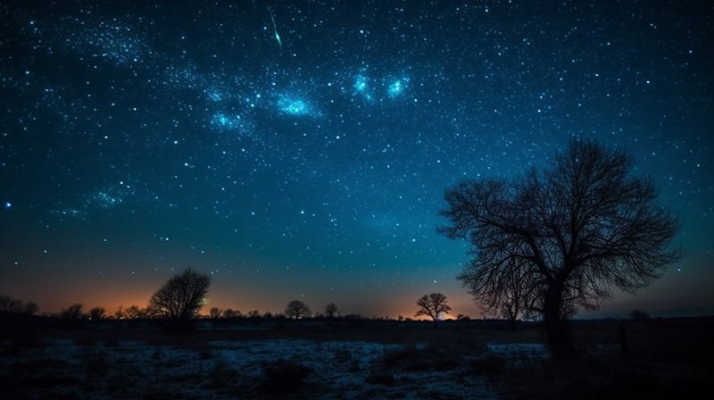 A December skywatching evening reveals a starry night with a shooting star streaking across the dark landscape, framed by silhouetted trees.