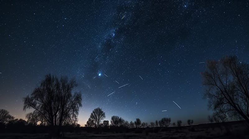 December skywatching offers a mesmerizing view of the starry night sky, with several shooting stars streaking above silhouetted trees on the horizon.