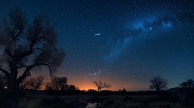 Under the December skywatching canvas, the night sky dazzles with a starry Milky Way and a streaking meteor. Silhouetted trees stand quiet against a faint orange glow on the horizon, painting a serene picture of cosmic beauty.