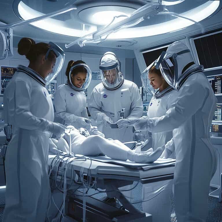 Group of people in protective suits performing a procedure on a patient in a high-tech medical room.