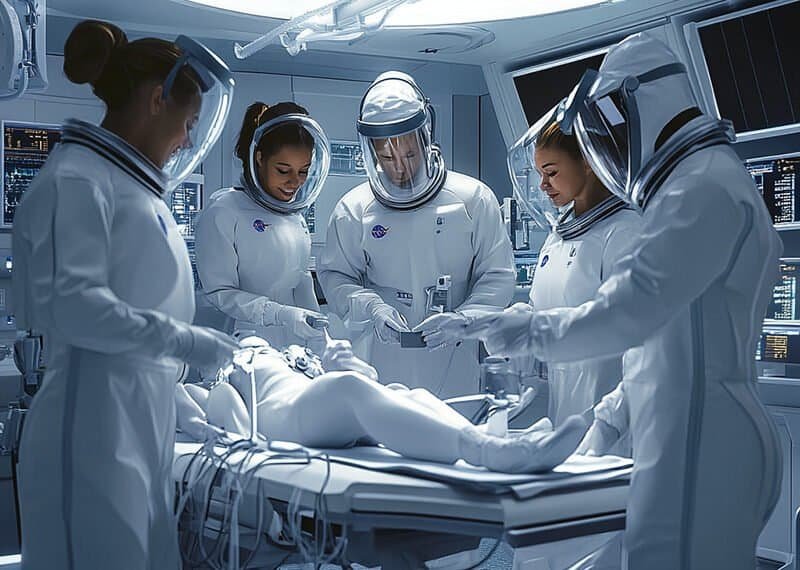 Group of people in protective suits performing a procedure on a patient in a high-tech medical room.