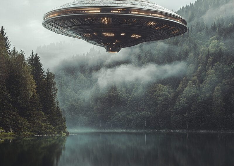 A large, metallic UFO, one of the famed alien ships, hovers above a forested lake surrounded by mist and trees.