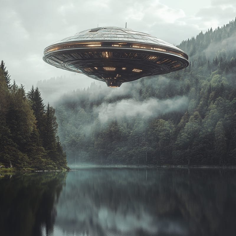 A large, metallic UFO, one of the famed alien ships, hovers above a forested lake surrounded by mist and trees.