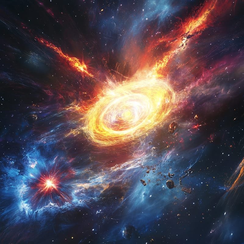 A vibrant depiction of a cosmic scene with swirling bright colors, including fiery orange, deep blue, and scattered space debris, resembling a nebula or galaxy formation.