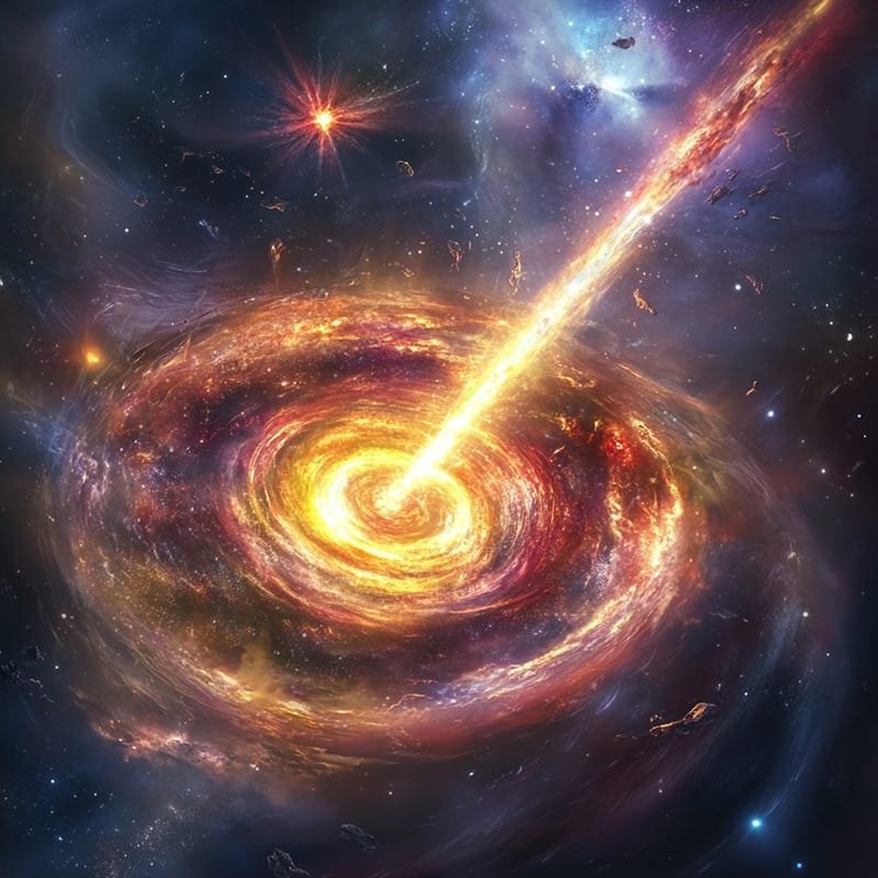 A vibrant depiction of a black hole with a glowing accretion disk and a bright jet of light emanating from its center, set against a colorful cosmic background.