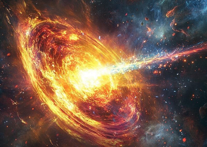 A vibrant depiction of a swirling galaxy, with bright orange and yellow lights, spiraling clouds of gas and dust, against a dark cosmic background.